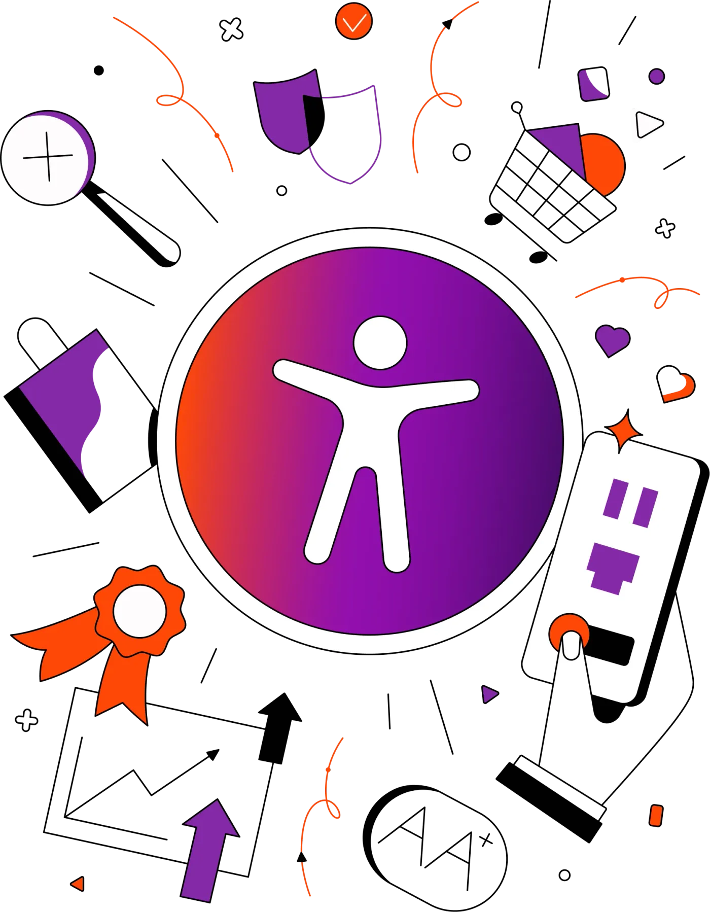 Accessibility icon in a gradient circle, surrounded by icons for search, shopping, security, growth and AA compliance.