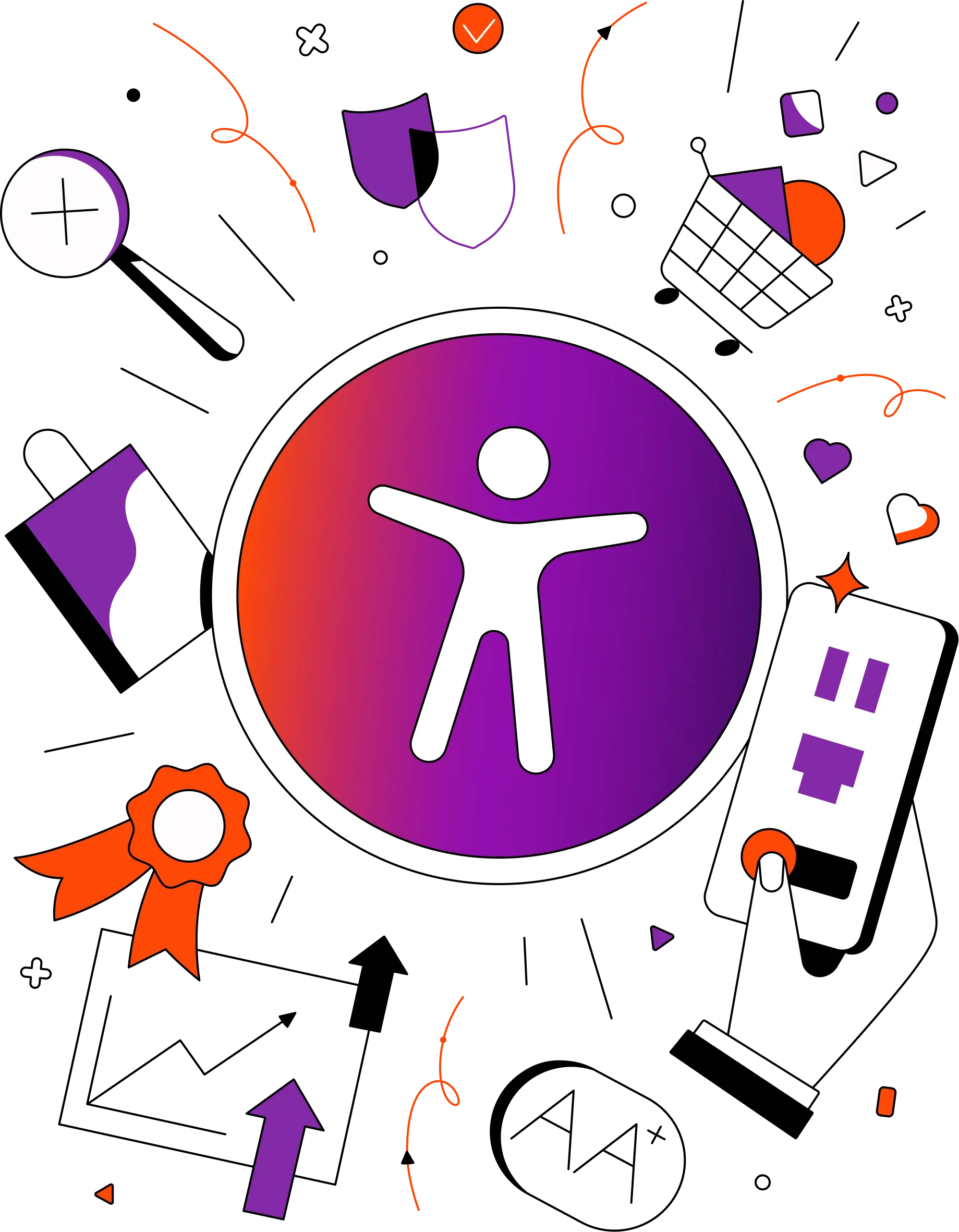 Accessibility icon in a gradient circle, surrounded by icons for search, shopping, security, growth and AA compliance.