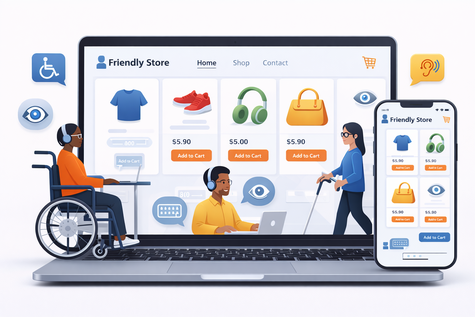 Illustration of an accessible online store displayed on a laptop and smartphone, featuring diverse users including a wheelchair user, a person using headphones for a screen reader, and another navigating with a keyboard, alongside icons representing visual, hearing, and mobility accessibility.