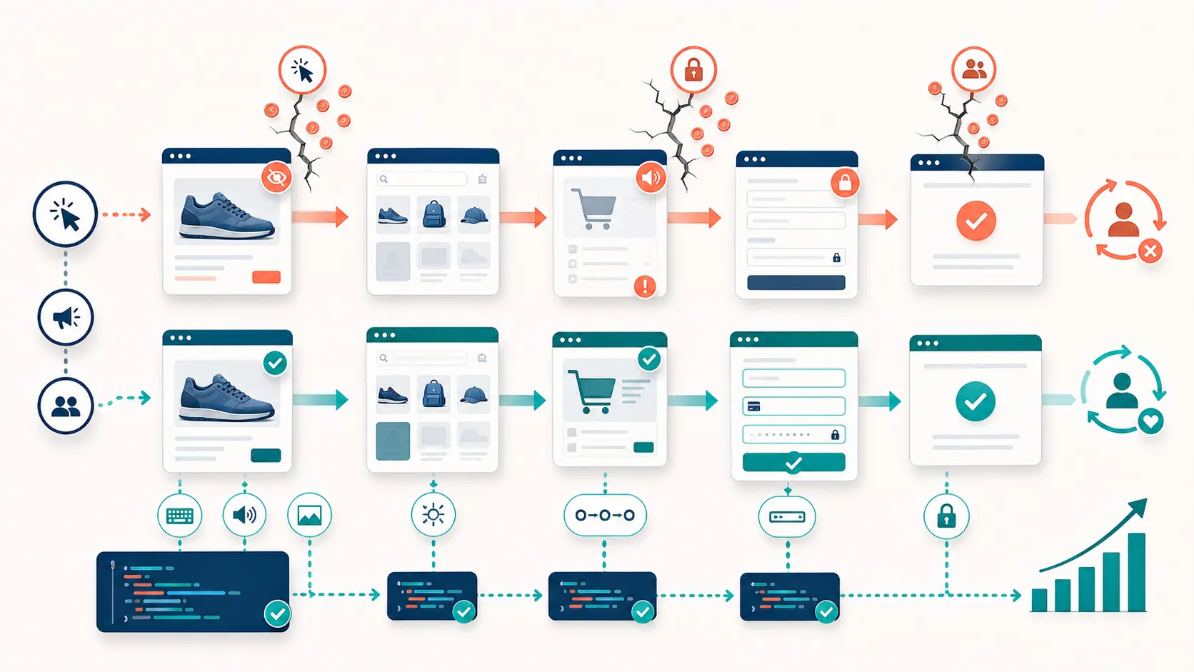 Illustration comparing an inaccessible ecommerce journey that loses traffic, sales and loyalty with an accessible path supporting checkout and repeat growth.