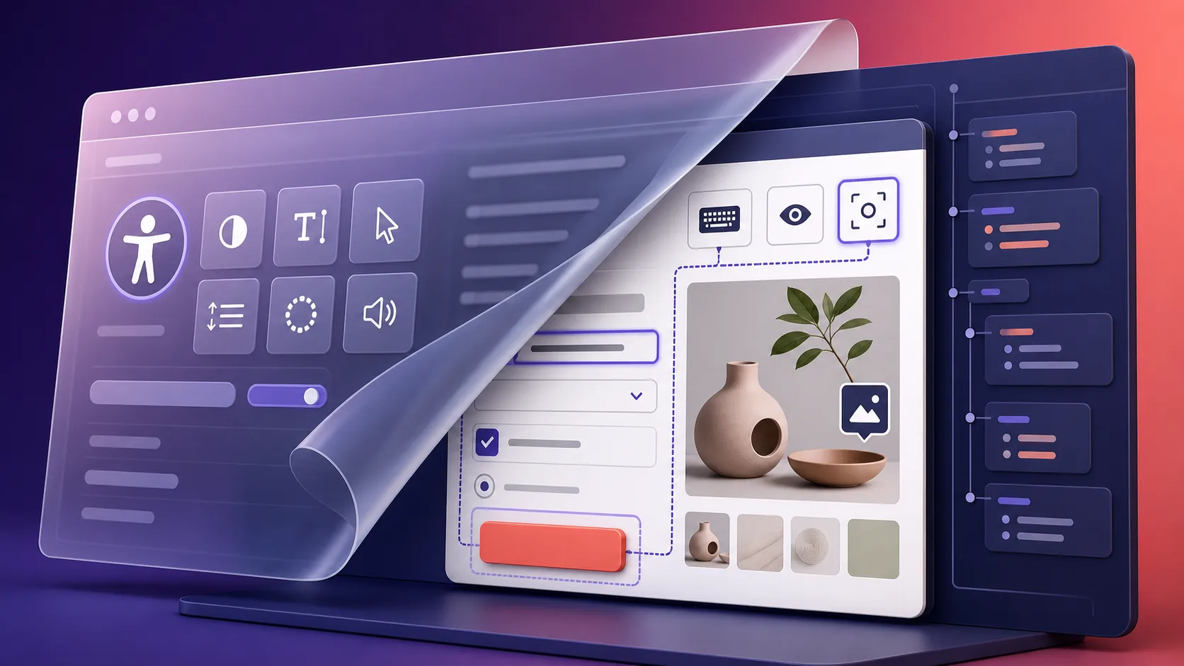 An accessibility overlay peels away from an online store, revealing accessible forms and keyboard navigation underneath.